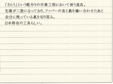 �u���炤�v�Ƃ����C���̍�ƍH���ɂ����Ďg������B
��[����҂ɂȂ��Ă���A�A�b�p�[�̕\�Ɨ���D�����킹�����Ɨ]���Ɏc���Ă��闠��؂���B
���{���L�̍H��炵���B